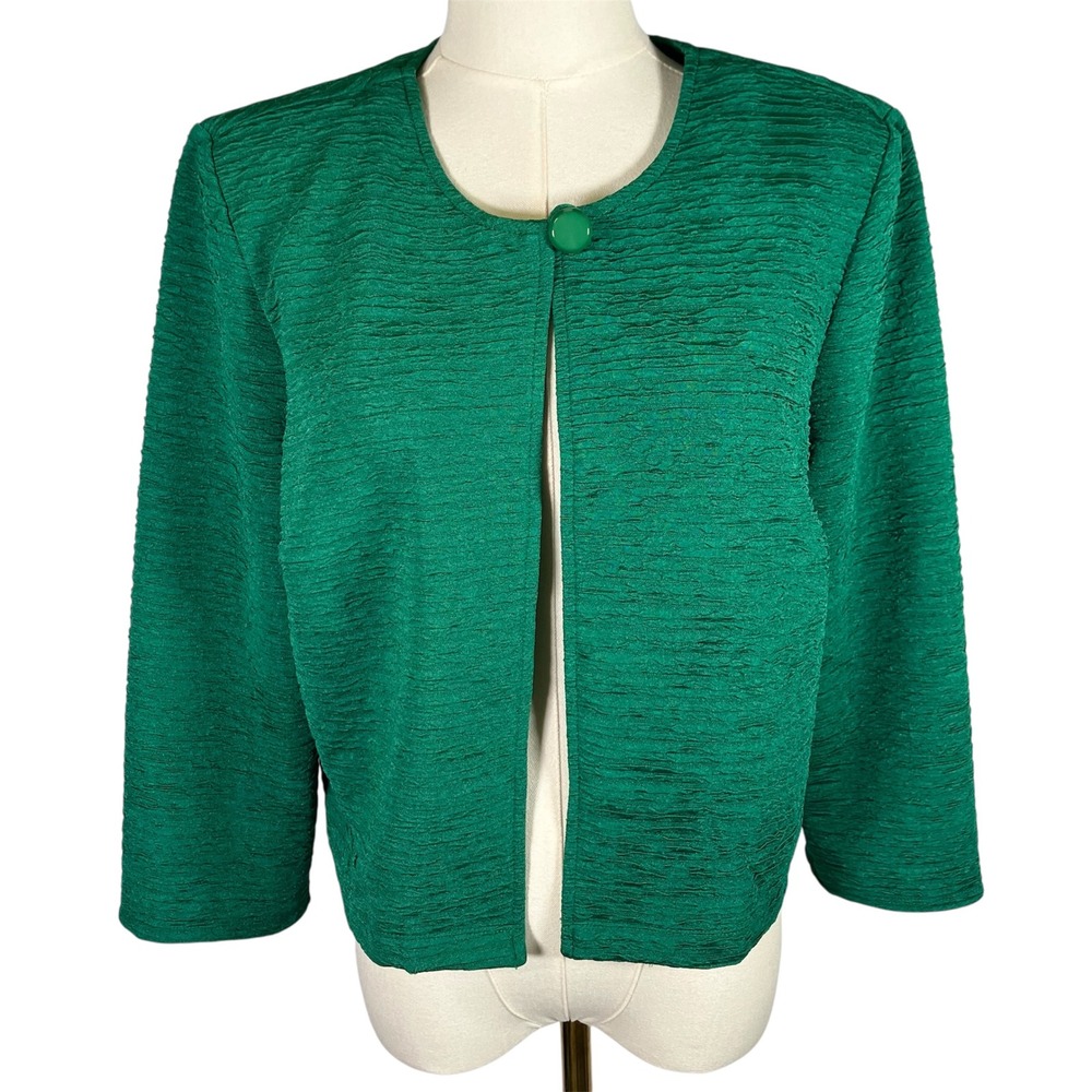 NY Collection Emerald Green Textured Button Front Jacket Size 14 Career New‎